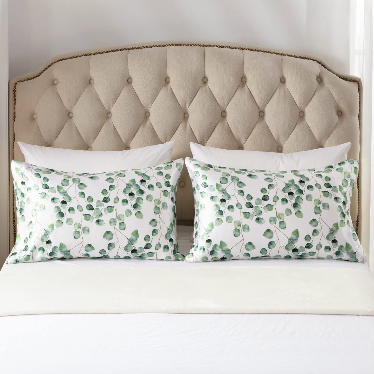 EXQ Home Satin Pillowcase for Hair and Skin,Cooling Printed Pillow Cases King Size Pillow Case Set of 2，Printed Satin Pillow Covers with Envelope Closure（Ink Leaf,20x40 inches）