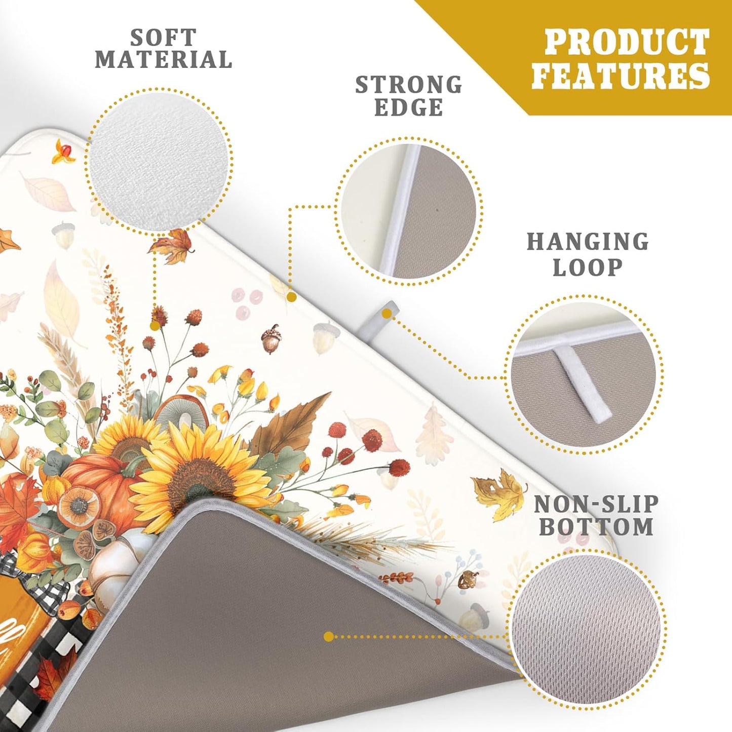 Autumn Pumpkin Dish Drying Mat 18x24 Inch Sunflower Flower Vase Washable Draining Mat with Hanging Loop Seasonal Holiday Home Decoration