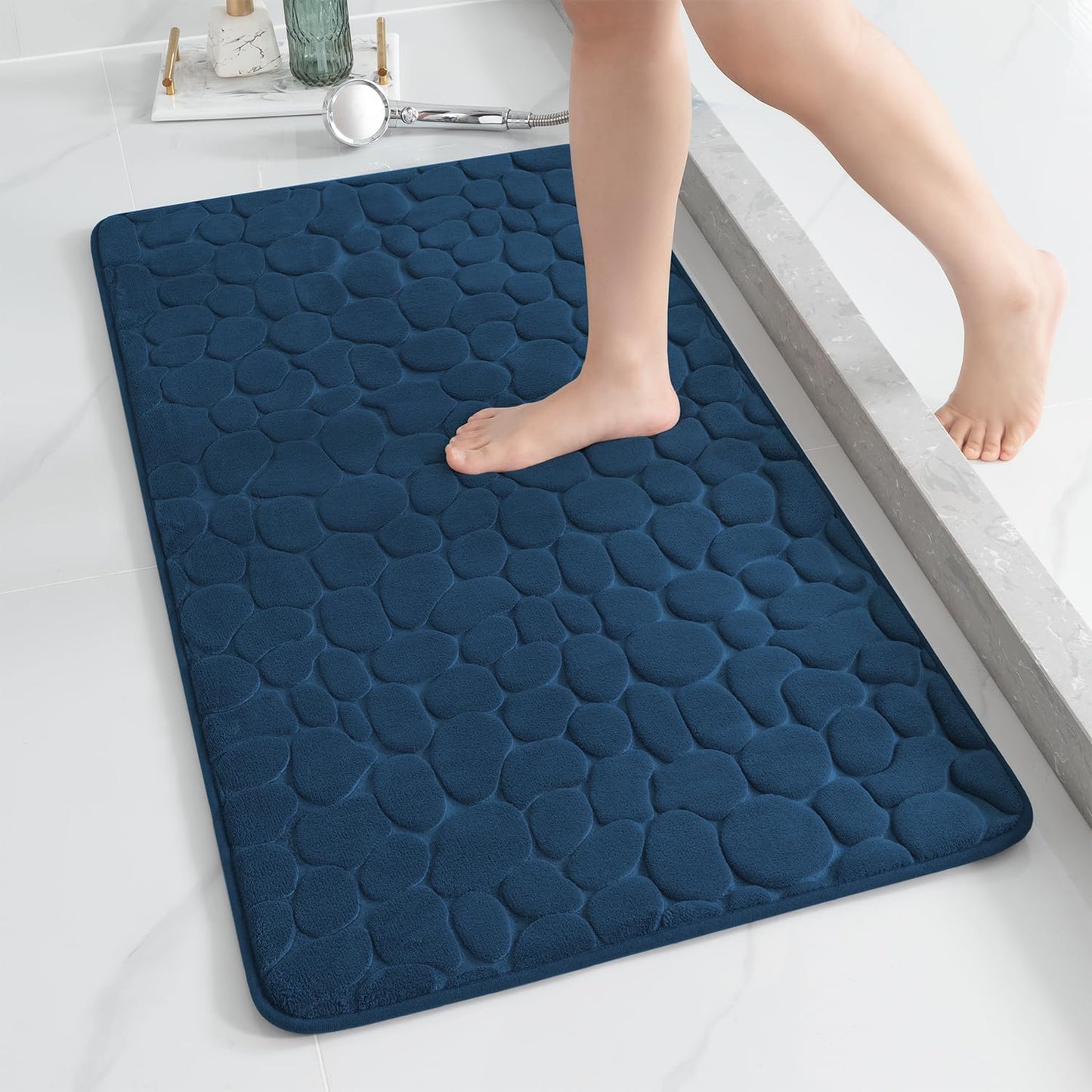 YIHOUSE Memory Foam Runner Rug, Cobblestone Bathroom Runner Rugs Super Water Absorbent Bath Mats for Bathroom Machine Washable Bath Rugs Runner for Hallway Bedroom Laundry Room(26 x 50,Dark Blue)