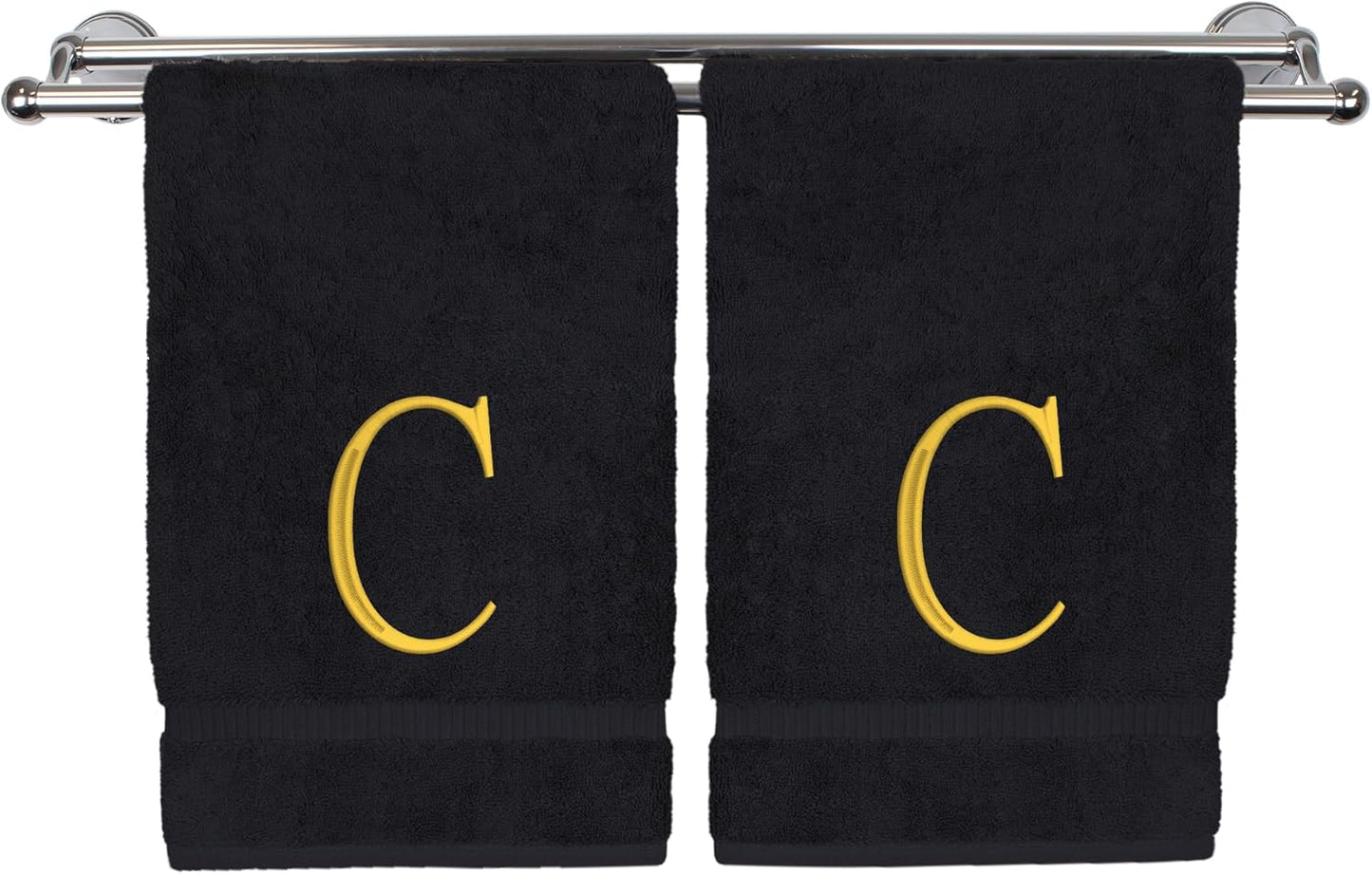Monogrammed Hand Towel, Personalized Initial Gift, Extra Absorbent 100% Turkish Cotton - Soft Terry Finish - Set of 2 - Gold Block Initial C - Embroidered on Black Towels