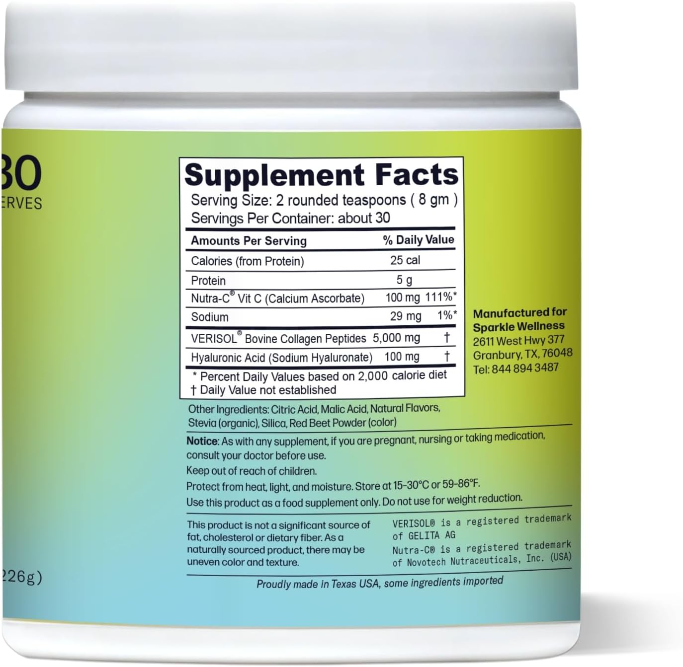 Sparkle Wellness VERISOL Bioactive Hydrolyzed Collagen Peptides | Collagen Powder with Vitamin C & Hyaluronic Acid for Hair, Skin, and Nail Health | Skin Boost Plus (Acai Lemonade) [30-Serves]