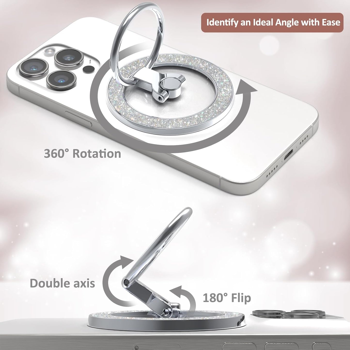 for MagSafe Phone Grip Stand, Magnetic Phone Ring Holder for MagSafe, Magnetic Ring Holder for iPhone. (Glitter Silver)