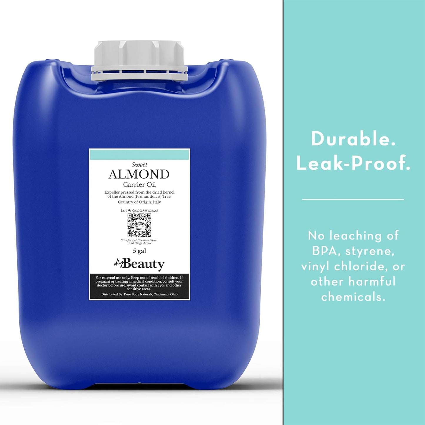 Bulk Sweet Almond Oil - Large 1 Gallon Jerrican, Cold Pressed 100% Pure - Moisturizer for Skin, Hair, Body, Carrier Oil for Massage Oils - by DIYBeauty