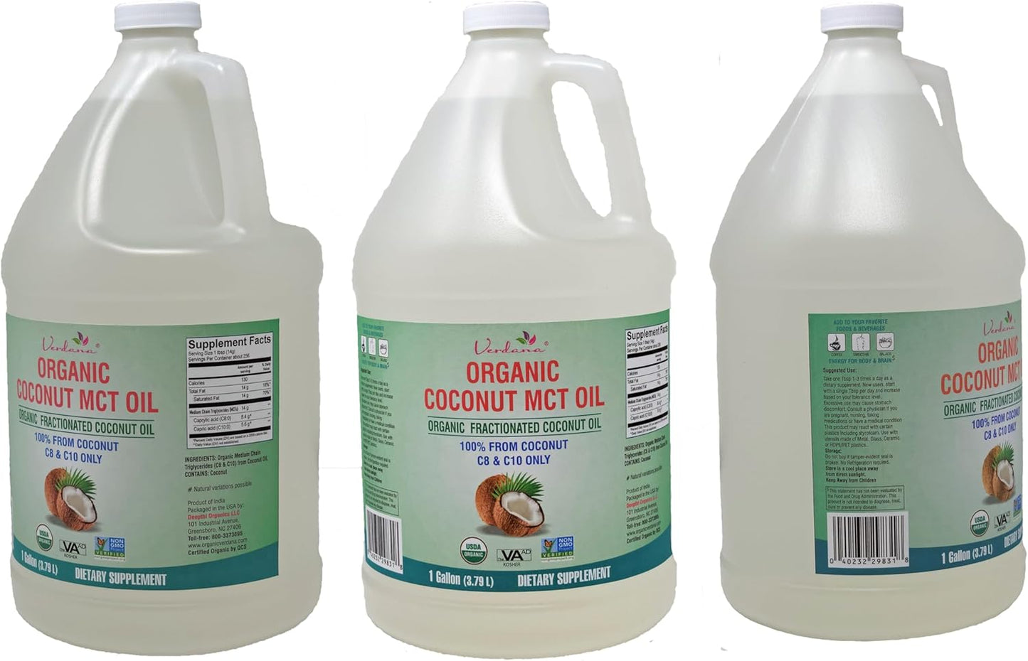 Verdana USDA Certified Organic Coconut MCT Oil –Fractionated Coconut Oil – No Palm Kernel Used – Kosher, Food Grade, Non-GMO – Great for Keto and Paleo Diets, Oil Pulling Rinse Mouthwash – 1Gallon