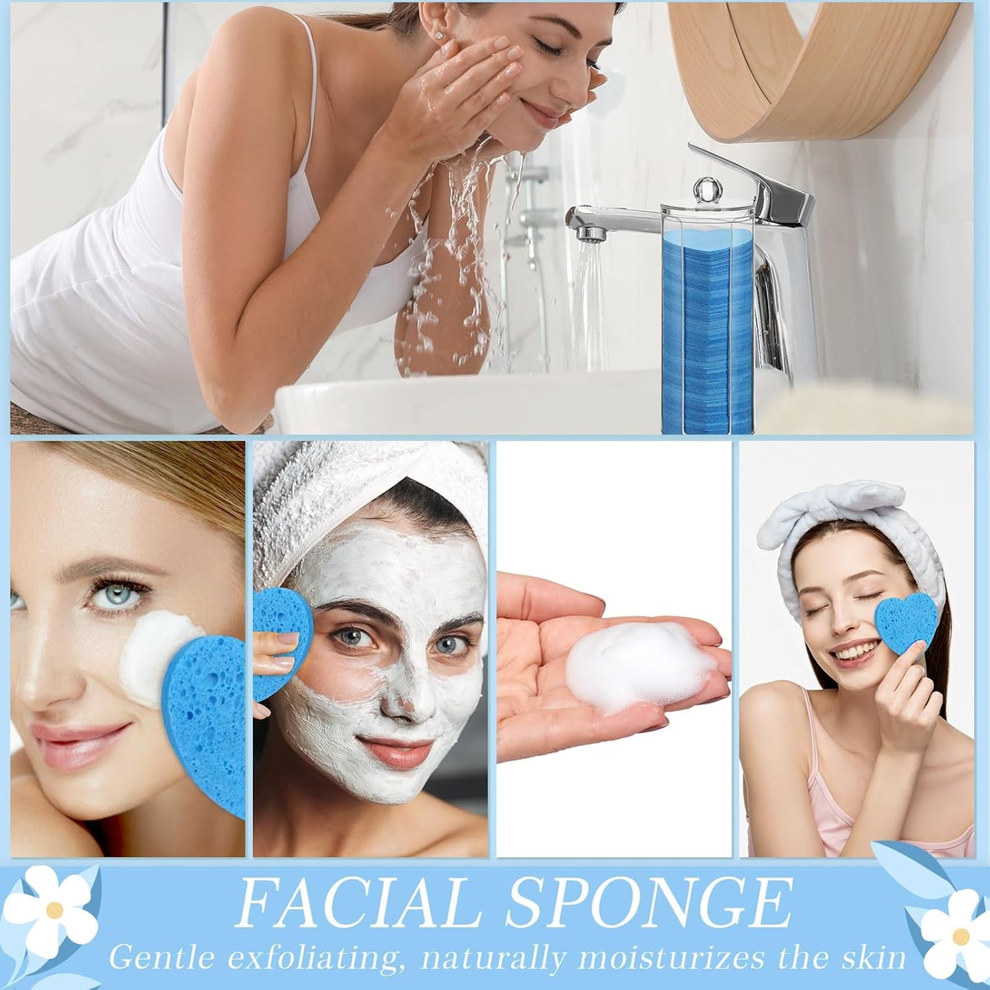 Sieral 120 Pcs Compressed Facial Sponges with Container Disposable Face Sponge Pads for Washing Face Cleansing Exfoliating Esthetician Makeup Removal(Heart,Dark Blue)