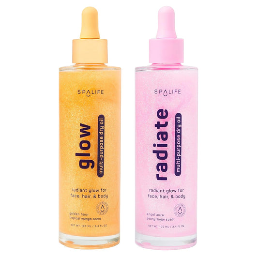SpaLife Beauty Radiate & Glow Shimmer Oil Bundle – Dry Oil Duo with Subtle & Noticeable Shimmer – Mango & Peony Scents – Hydrating, Lightweight Moisture