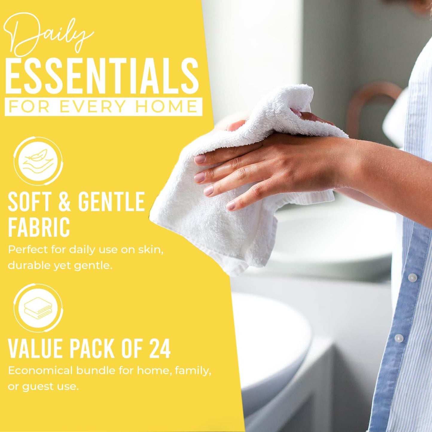 DAN RIVER 100% Cotton Wash Cloths 24 Pack [12x12] Soft & Absorbent Bath Cloths, Gym, Hotels & Spa Perfect for Everyday Use Fingertip Towels, Yellow