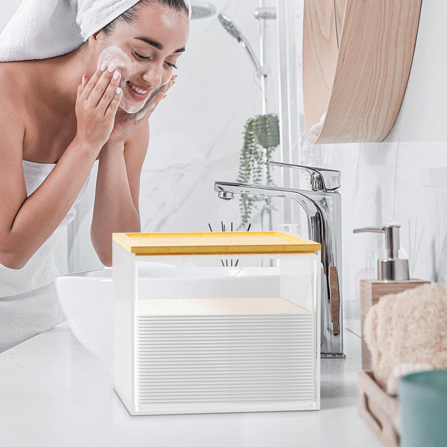 VITVITI Drawer Disposable Face Towel Holder Box, Acrylic Facial Towel Container for XL Clean Skin Club, Large Disposable Face Towel Storage with Bamboo Lid, for Bathroom, Vanity Makeup, Clear