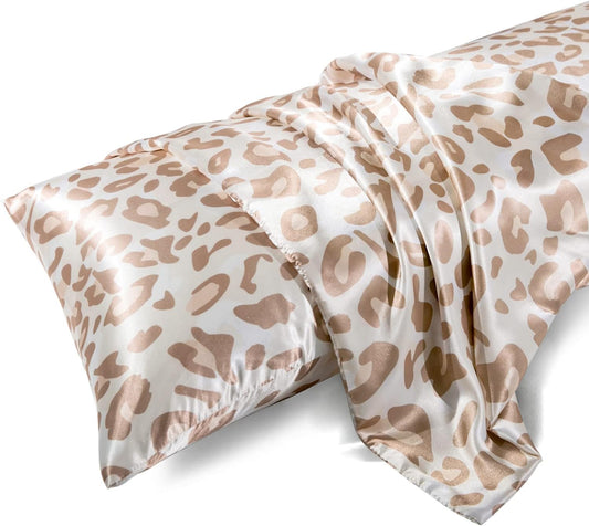 MR&HM Satin Body Pillow Cover, Soft and Breathable Body Pillow Case with Envelope Closure, Cooling and Silky Long Pillowcase for Hair and Skin,Grey (20x54, Champagne Leopard)
