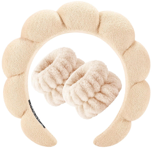 Zkptops Spa Headband for Women Sponge Makeup Skincare Headband Washing Face Wristband Set Terry Cloth Bubble Soft Get Ready Hairband Puffy Padded Headwear Non Slip Thick Hair Accessory(Beige)