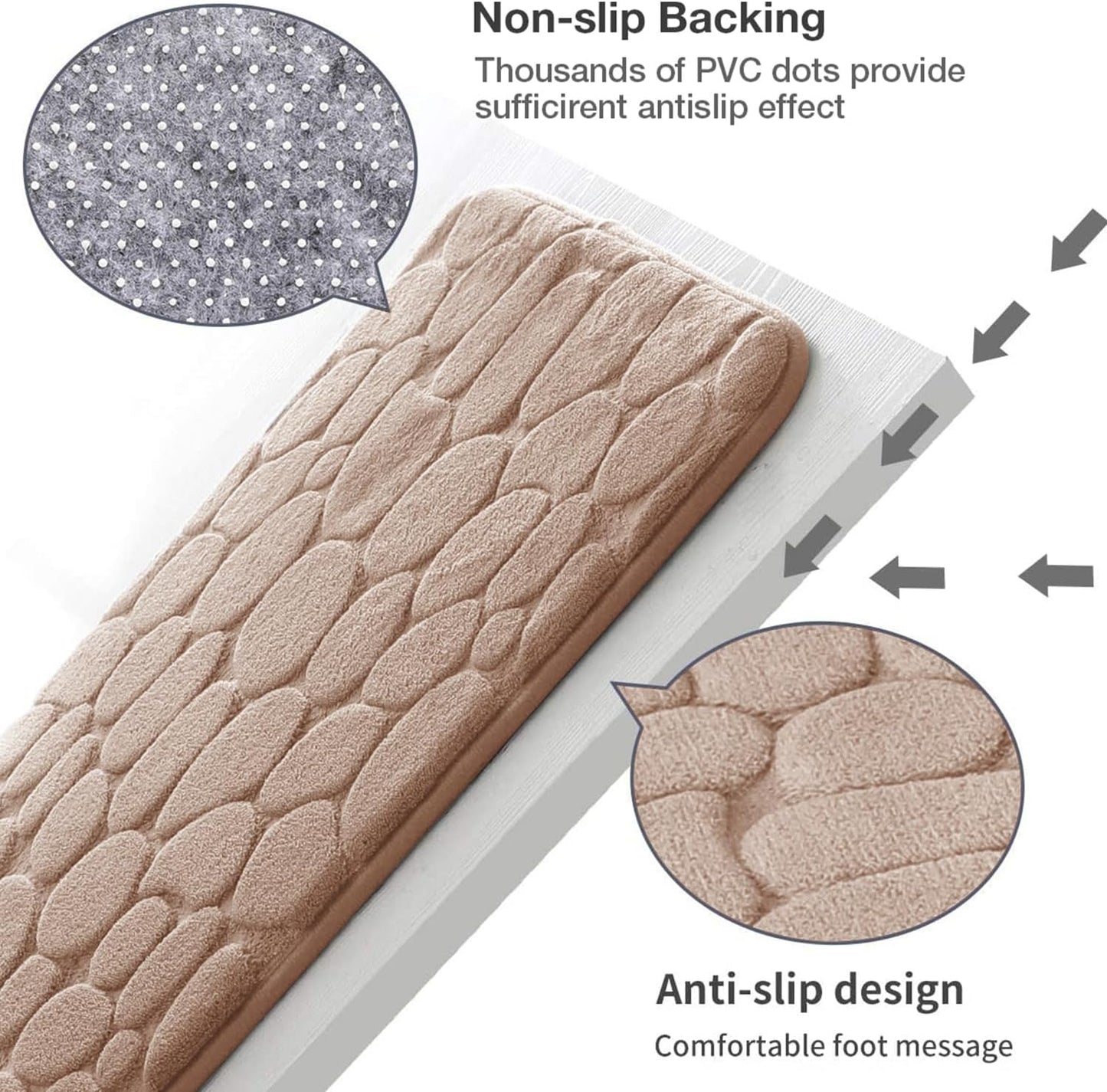 YIHOUSE Memory Foam Runner Rug, Cobblestone Bathroom Runner Rugs Super Water Absorbent Bath Mats for Bathroom Machine Washable Bath Rugs Runner for Hallway Bedroom Laundry Room(26 x 50,Khaki)