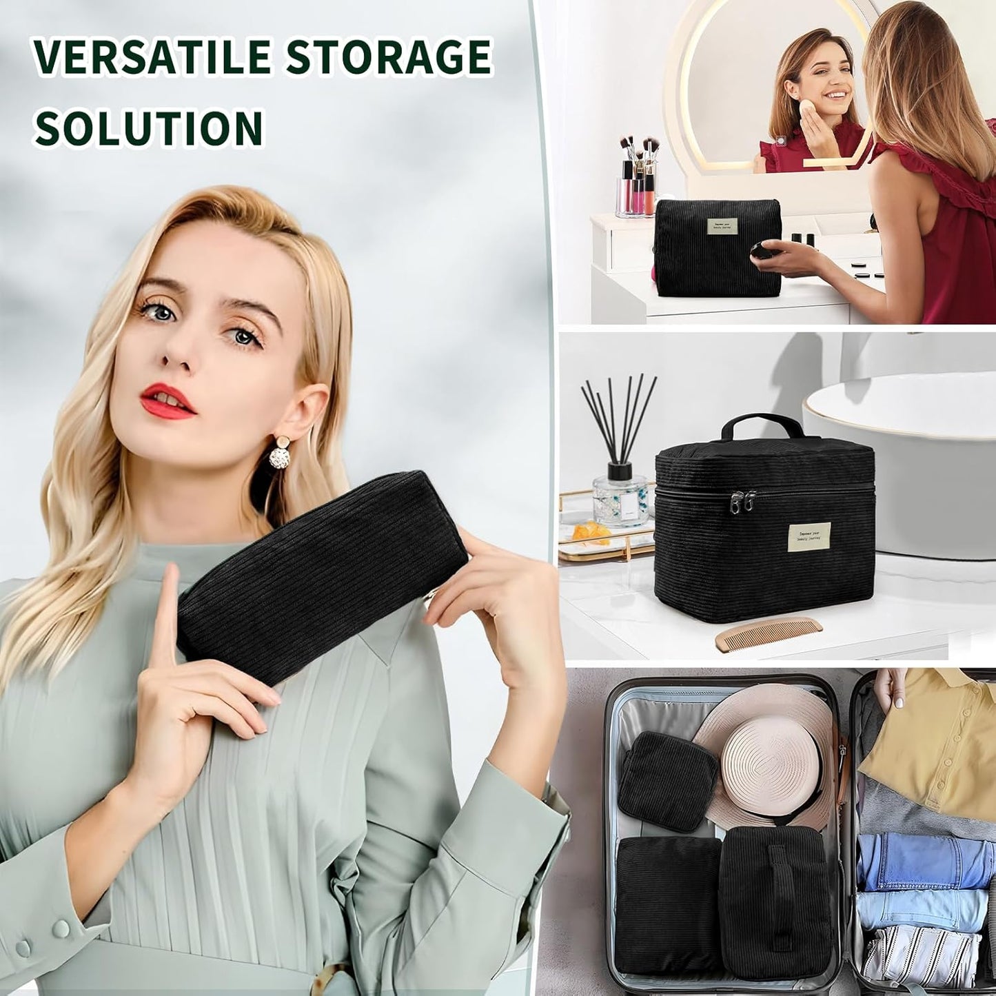 4 Pcs Makeup Bag for Women Corduroy Cosmetic Bag Aesthetic Cute Bags Multi Size Purse Pouch Travel Toiletry Bag Set Makeup Organizer with Zipper (BlackCorduroy)