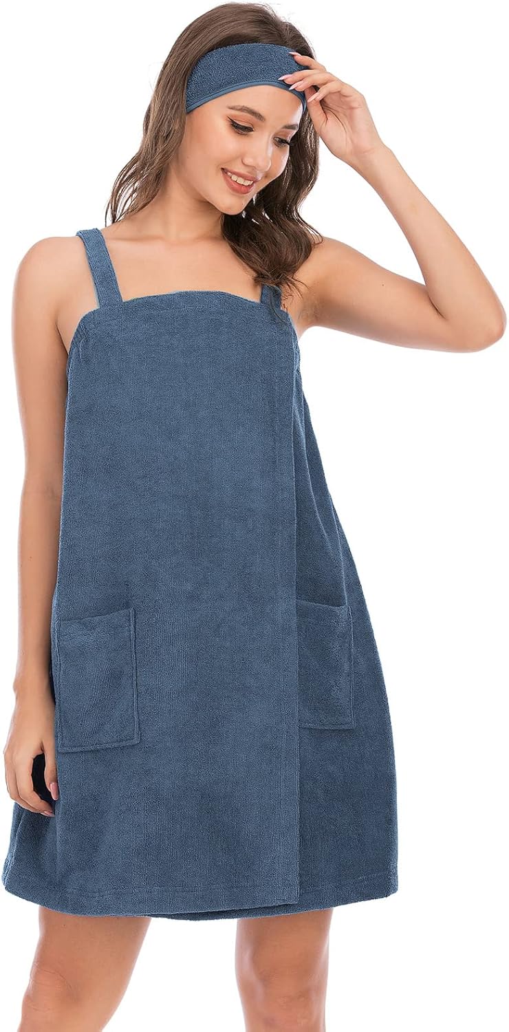 Veseacky Women Bath Wrap Towel for Womens Shower with Pocket Adjustable Spa Robe & Facial Headband