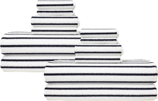Italic Ultraplush 12-Piece Family Towel Set – Luxury Bath Towels, Hand Towels & Washcloths – Plush, Quick Dry, 800GSM 100% Australian Cotton for Bathroom & Spa - White & Blue (Striped)