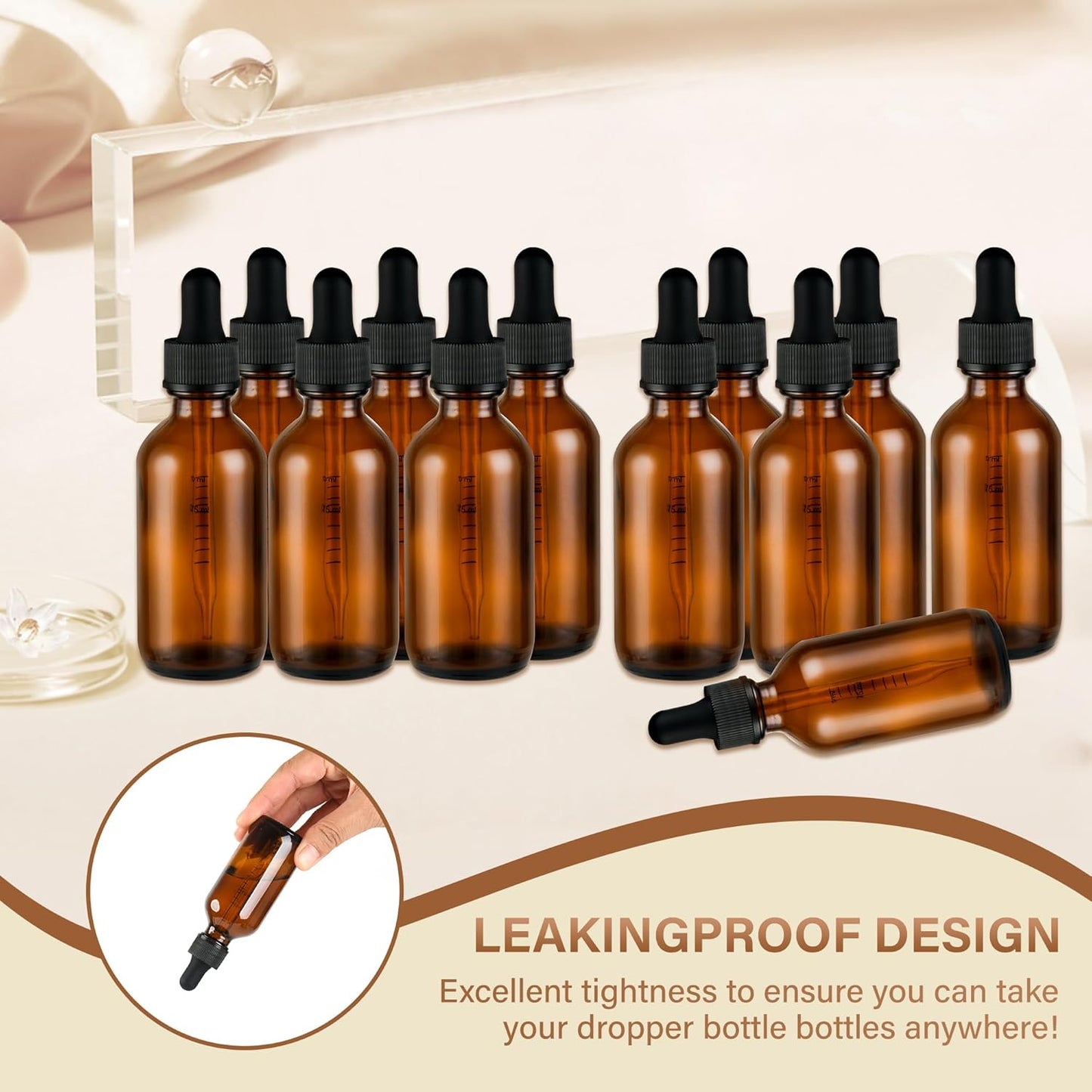 12 Pcs, 2oz Dropper Bottle, Amber Glass Eye Dropper Bottle, Tincture Bottles with Dropper, Leak-Proof Design, Stronger Suction, for All Kinds of Mixed Liquids