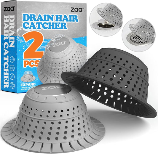 zaa Bathtub Drain Hair Catcher, 2 Pack Silicone Collapsible Bathtub Drain Cover Hair Catcher & Protector for Pop-Up & Regular Drains of Shower, Bathtub, Tub, Bathroom, Sink, Gray & Black