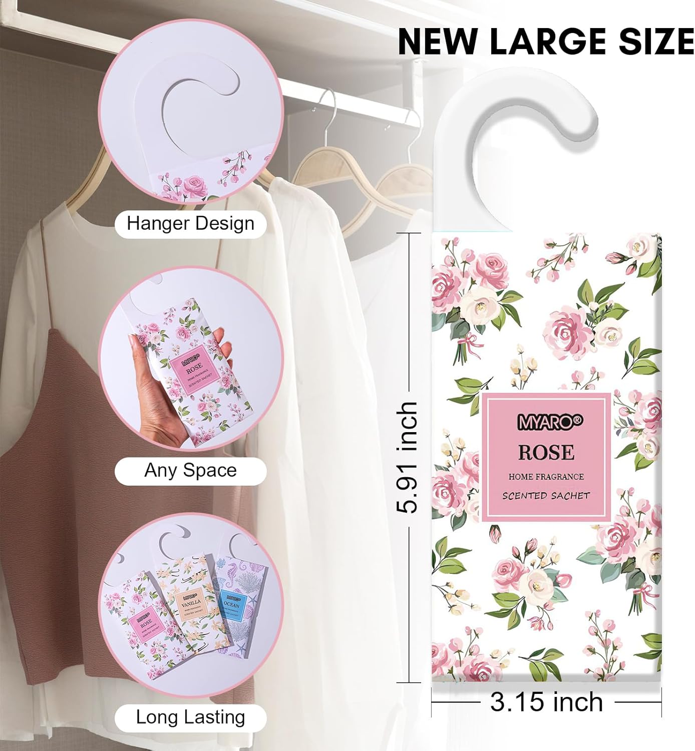 MYARO 12 Packs Large Sachets for Drawers and Closets, Large Hanging Sachet Bags Closet Air Fresheners Potpourri Bags Long-Lasting 6 Scents - Lavender, Rose, Jasmine, Ocean, Vanilla, Lily