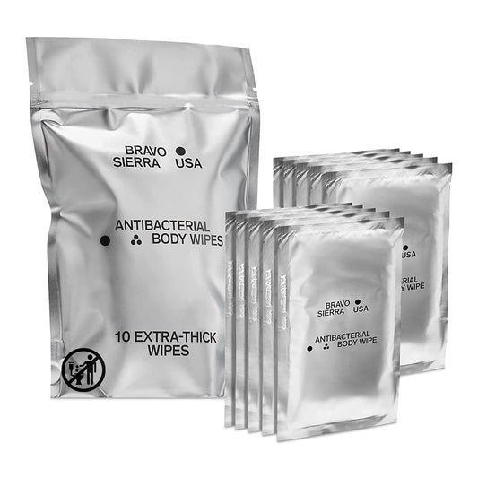 Body Wipes by Bravo Sierra - 10 Individually Wrapped Extra Thick Biodegradable Shower Wipes with Benzalkonium Chloride & Aloe Vera for Adults, Men and Women - No Rinse Bathing Camping & Travel Wipes