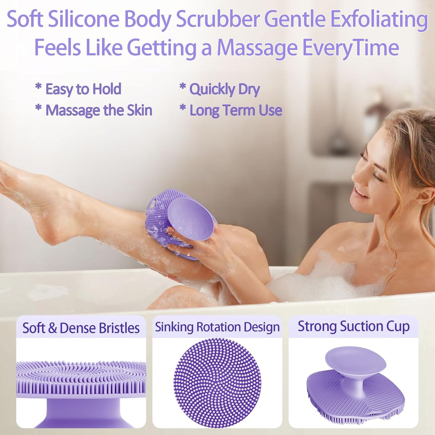 Soft Silicone Body Scrubber, Gentle Like a Hand Exfoliating Your Skin and Build Up Lather Easily, Back Large Suction Cup Easy to Store, Long-Lasting & Deep Clean (Purple)