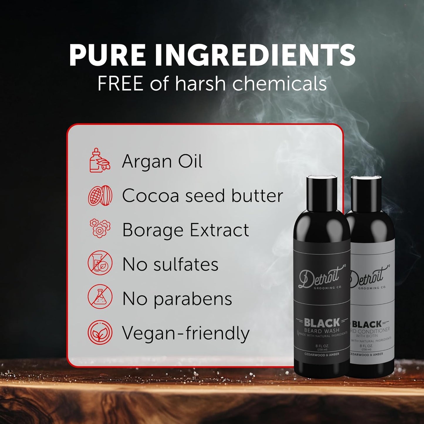 Detroit Grooming Co. Beard Wash and Beard Conditioner - Men's Kit - Softens, Strengthens, Moisturize, Infused w/Argan Oil, Apple Extract, & Aloe Vera - Cedarwood & Amber Scent - Black-8oz