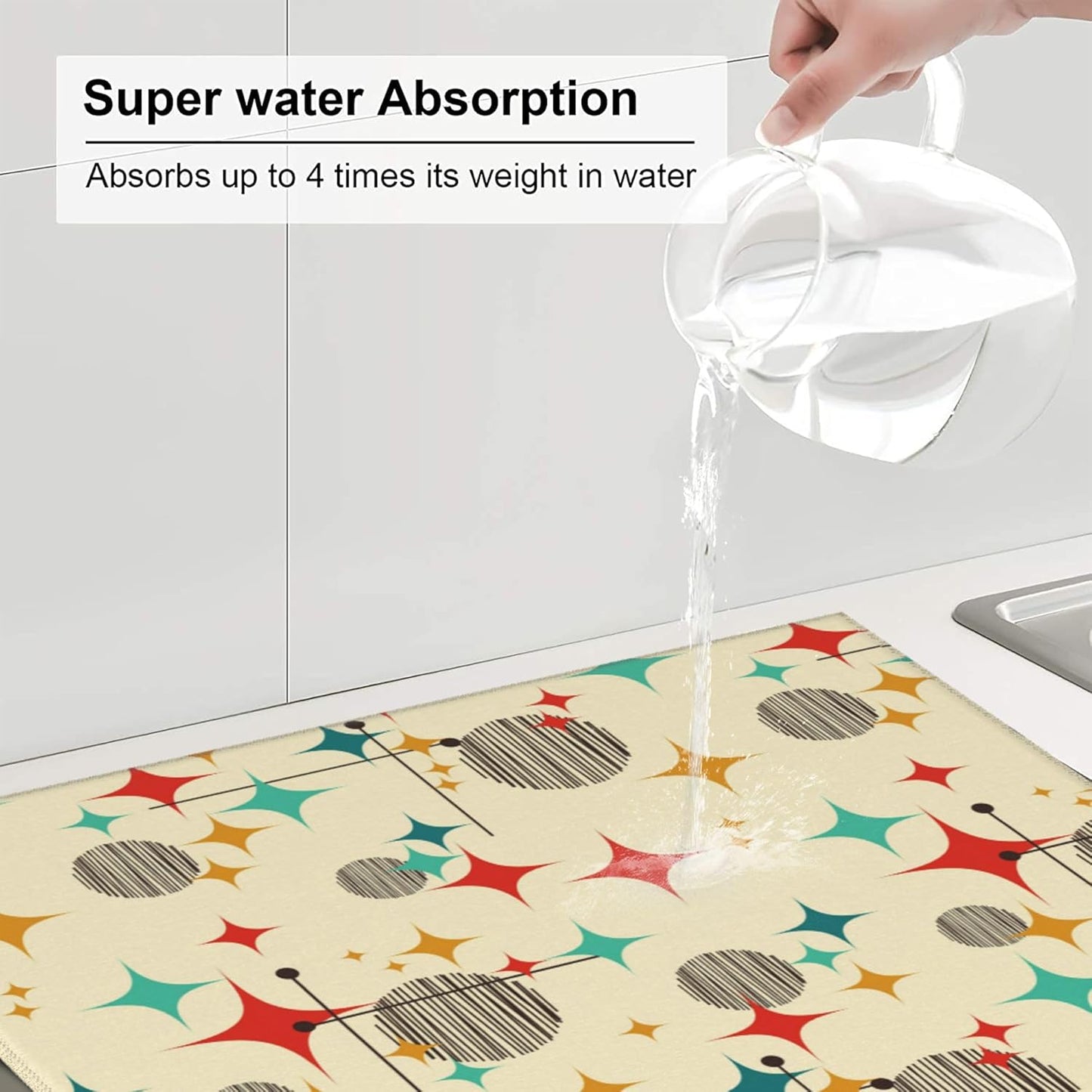 Mid Century Modern Atomic Retro Dish Drying Mat for Kitchen Counter Washable Absorbent Drying Mat Reversible Microfiber Yellow Drying Pad Home Holiday Decor Kitchen Accessories 16"x18"