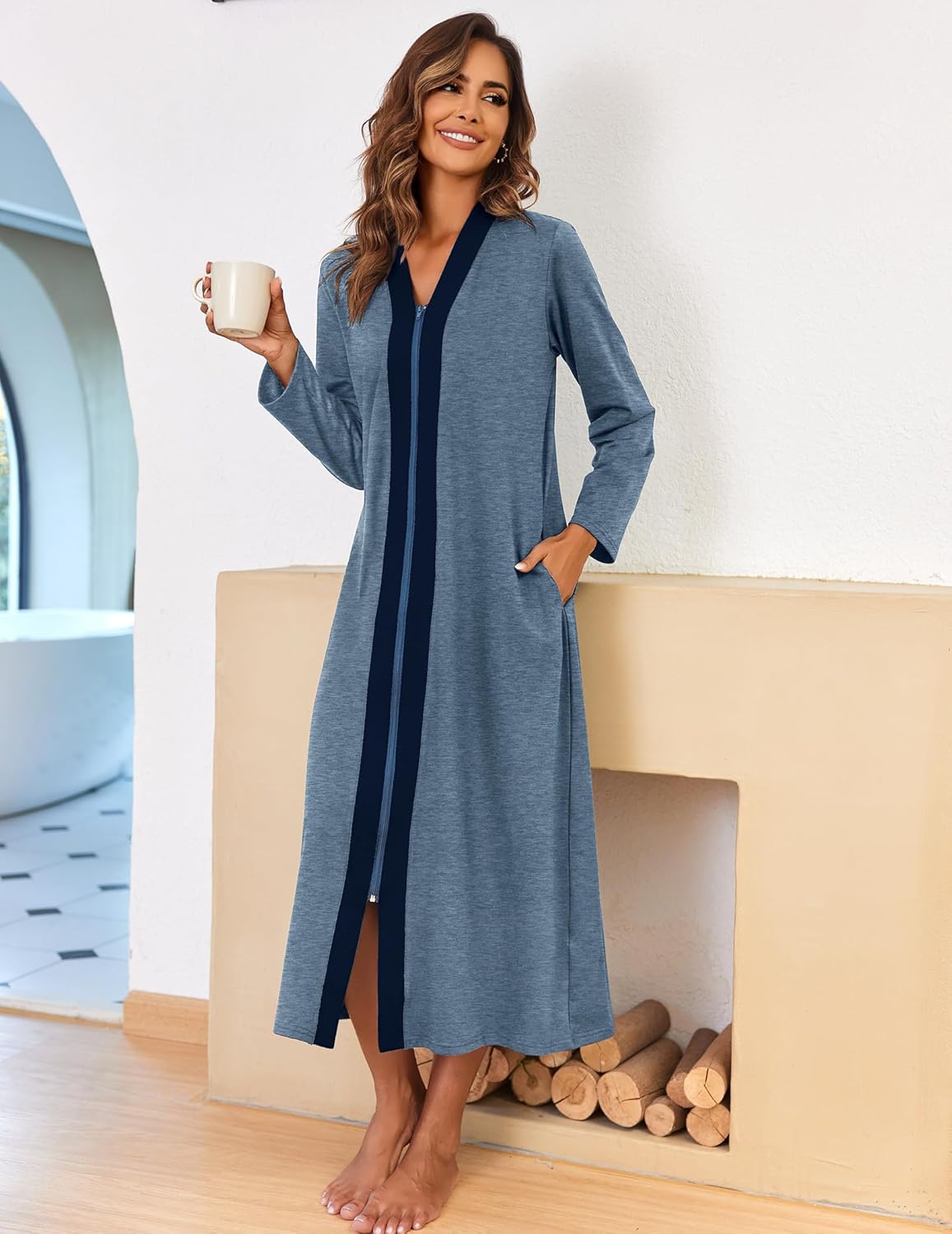 Ekouaer Women Zipper Robe Long Sleeve Loungewear Lightweight Housecoat Full Length Nightgown with Pockets