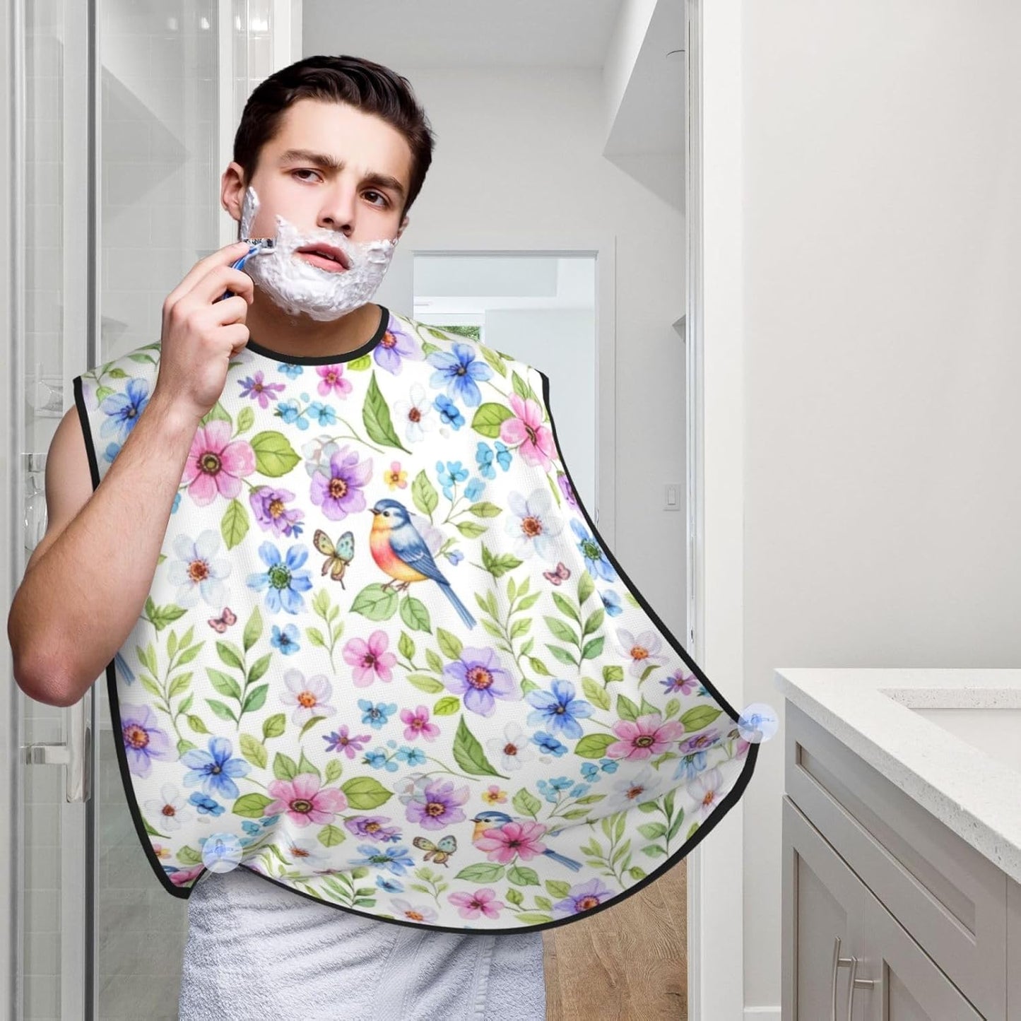 Non-Stick Beard Bib for Shaving, Watercolor Floral Vintage Flowers and Birds Butterflies Peony Flower Shave Bib, Waterproof Hair Catcher with Suction Cups, Grooming Apron Men Husband