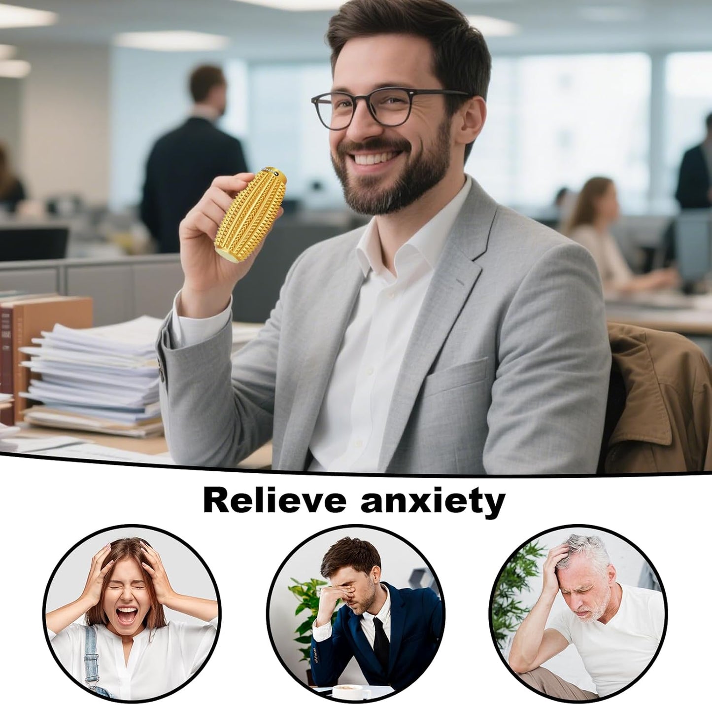 2 Pack Pain Stim Fidget Roller for Adults and Teens Spiky Sensory Hand Toy for Stress and Anxiety Relief, 3D Printed Discreet Keychain Fidget for Focus and Tactile Engagement(Gold+Gold)