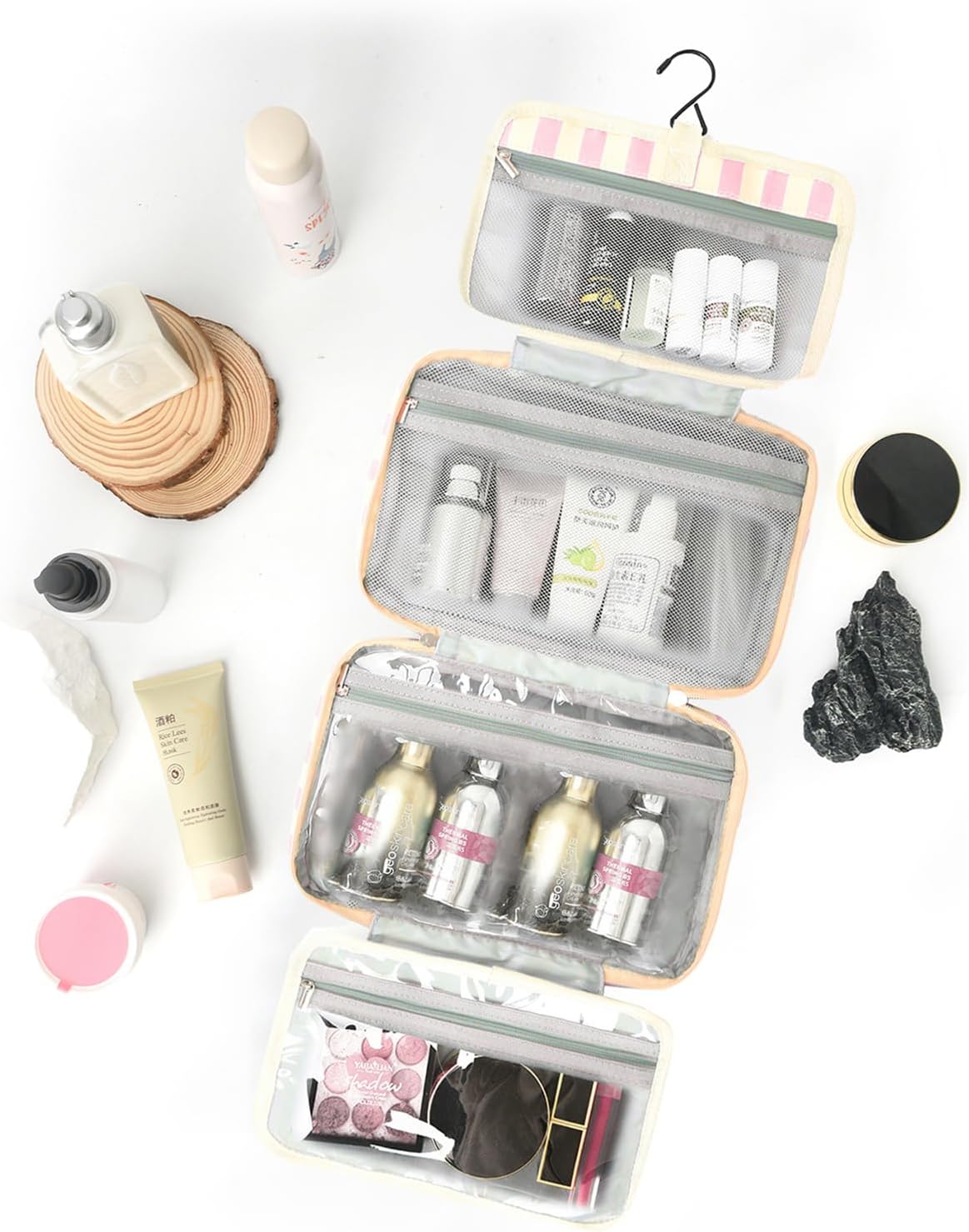 Toiletry Bag for Women Travel Water-resistant Cosmetic Bag Fashion Stripes Makeup Bag with Hanging Hook Preppy for Store Toiletries Cosmetic Accessories Large Capacity Pink