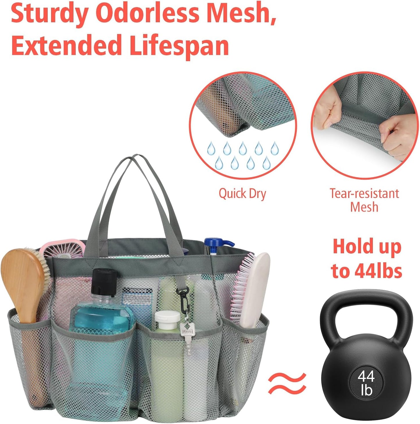 F-color Mesh Shower Caddy Portable, Upgrade Deeper 7 Pockets Shower Bag Basket Tote for College Dorm Room Toiletry Bathroom Essentials Gym Camp Quick Dry 2 handles with S Hook, Grey