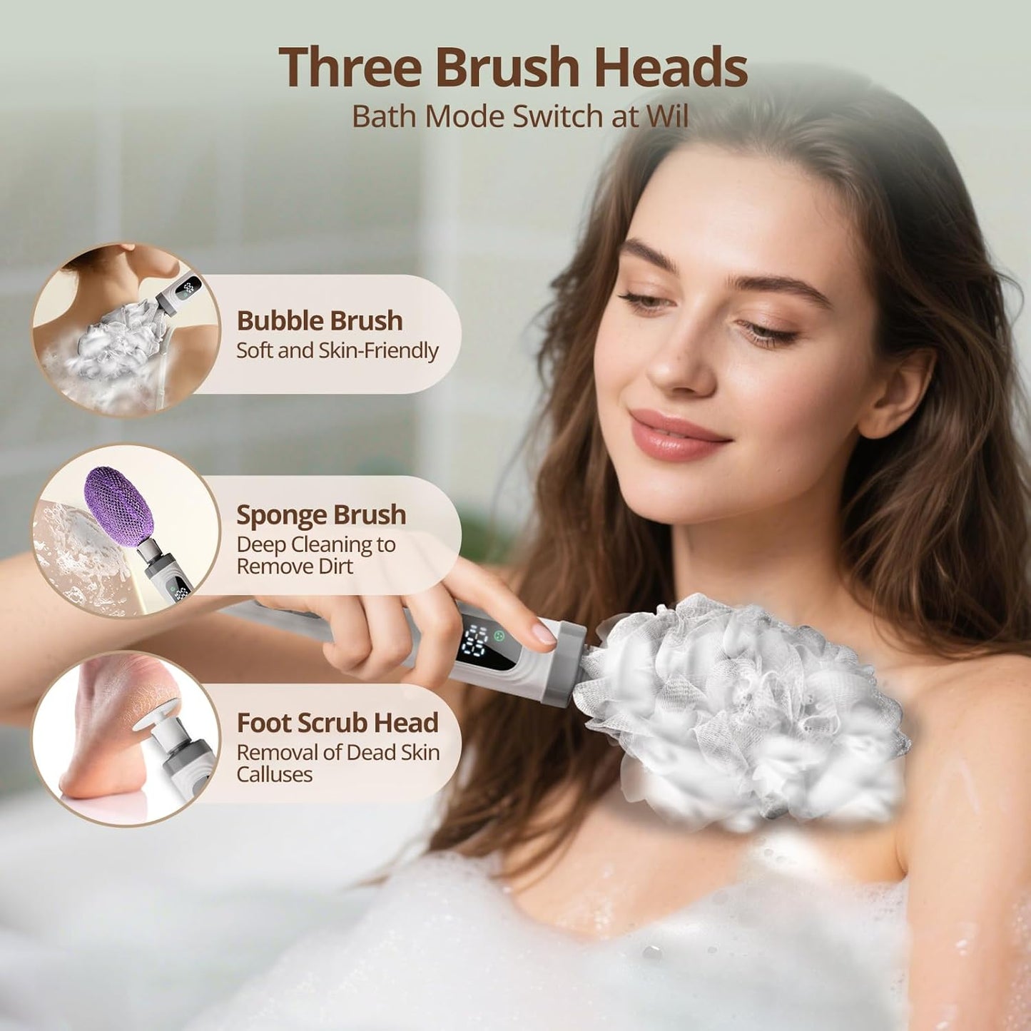Electric Back Scrubber for Shower,African Net Sponge Long Handle Exfoliating Body Scrubber,IPX7 Waterproof Bath Brush with 3 Heads & 2 Speeds,for Cleansing, Exfoliating and Foot Callus Remover