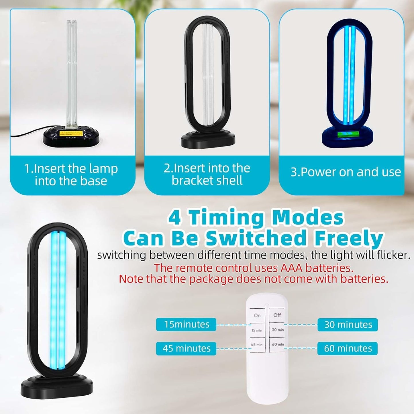 UV Light Sanitizer,4-Speed Timing and Remote Control UVC Home Disinfection Device,Ultraviolet Light Sanitizer for Dust Mites,UV Lamp for Whole Room,Black