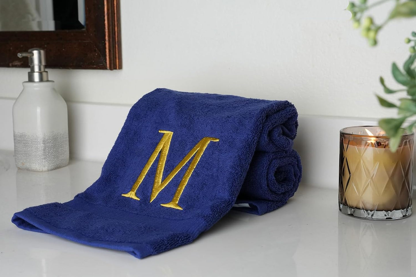 Navy Initial Hand Towel for Bathroom - Monogrammed Luxury Hotel Quality Decorative Embroidered Towel for Powder Room, Spa - GOTS Organic Certified - Pack of 2, Letter M