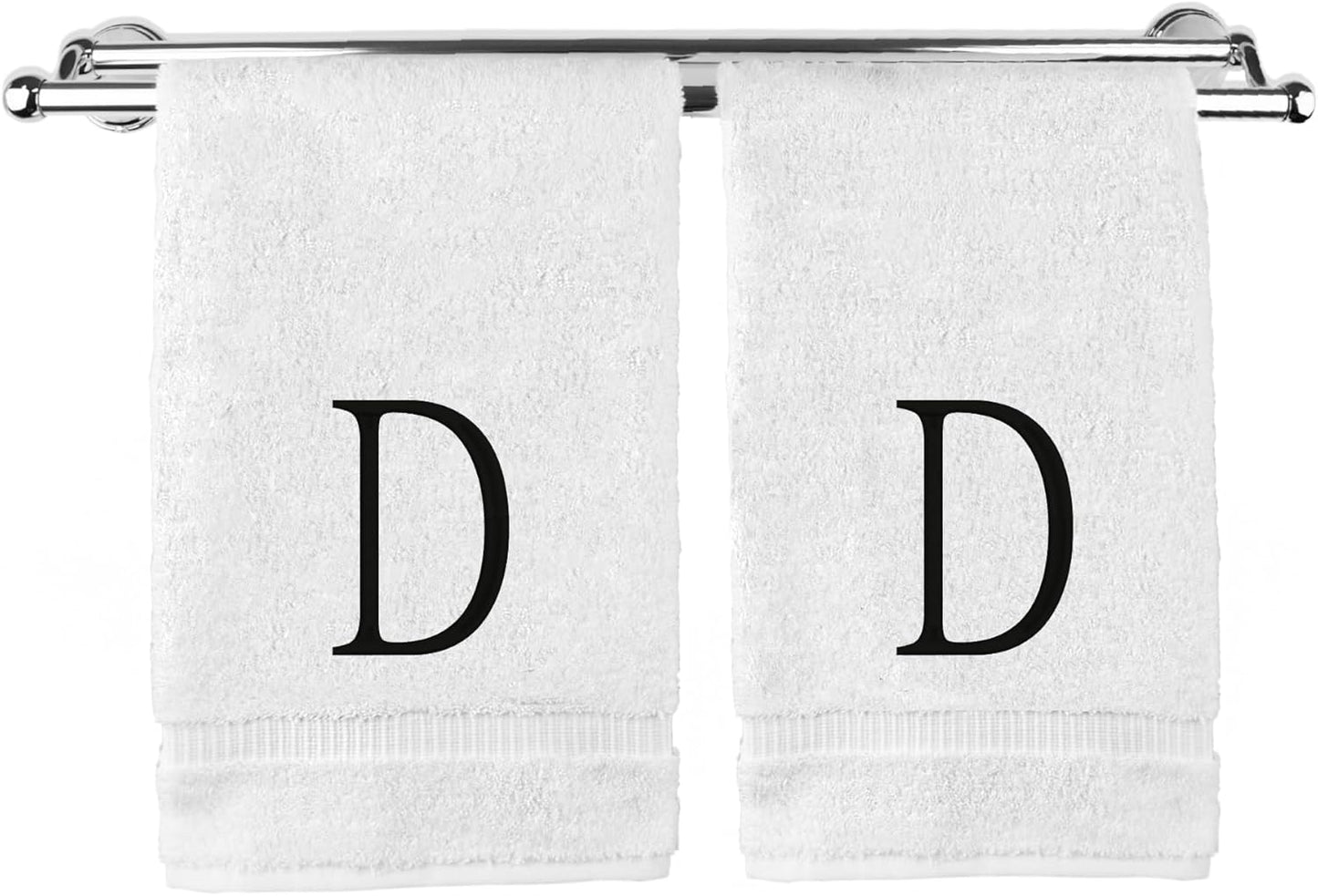 Monogrammed Hand Towel, Personalized Initial Gift, Extra Absorbent 100% Turkish Cotton - Soft Terry Finish - Set of 2 - Black Block Initial D - Embroidered on White Towels