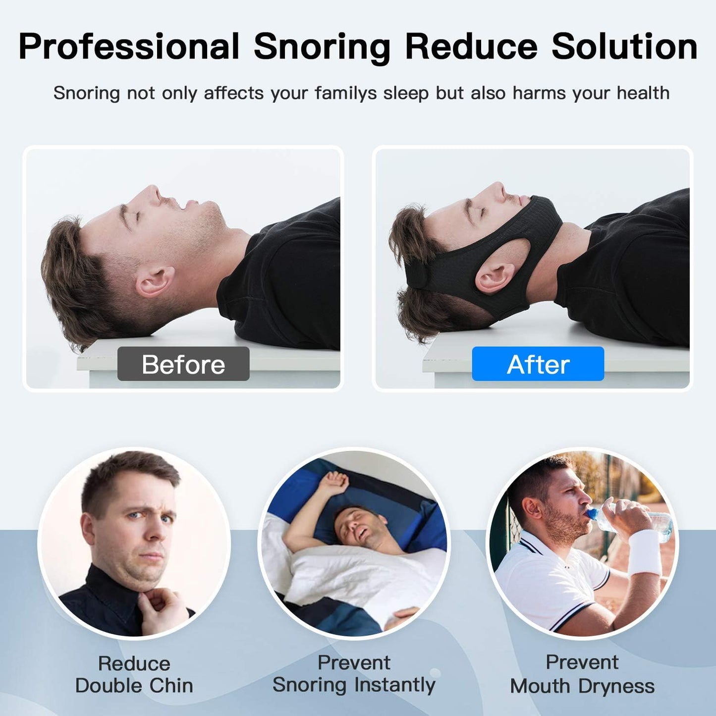 Anti Snore Chin Strap [Upgraded], Vosaro Snoring Solution Effective Anti Snore Device, Adjustable and Breathable Stop Snoring Head Band for Men Women, Black