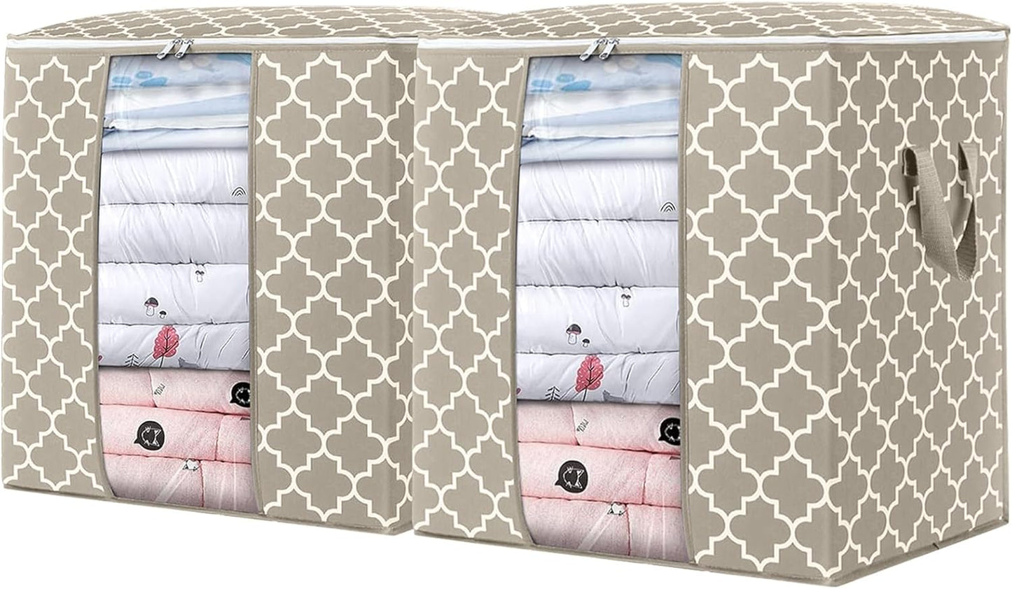 WISELIFE Storage Bags 2 Pack/100L Large Blanket Clothes Organization and Storage Containers for Comforters,Bedding, Foldable Organizer with Reinforced Handle, Clear Window, Sturdy Zippers,Beige