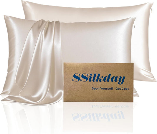 Mulberry Silk Pillow Cases Queen Size Set of 2, Ultra Smooth Soft Breathable Cooling Pillow Cases for Hot Sleepers, Silk Satin Pillowcases 2 Pack with Zipper for Hair and Skin, Gifts for Women