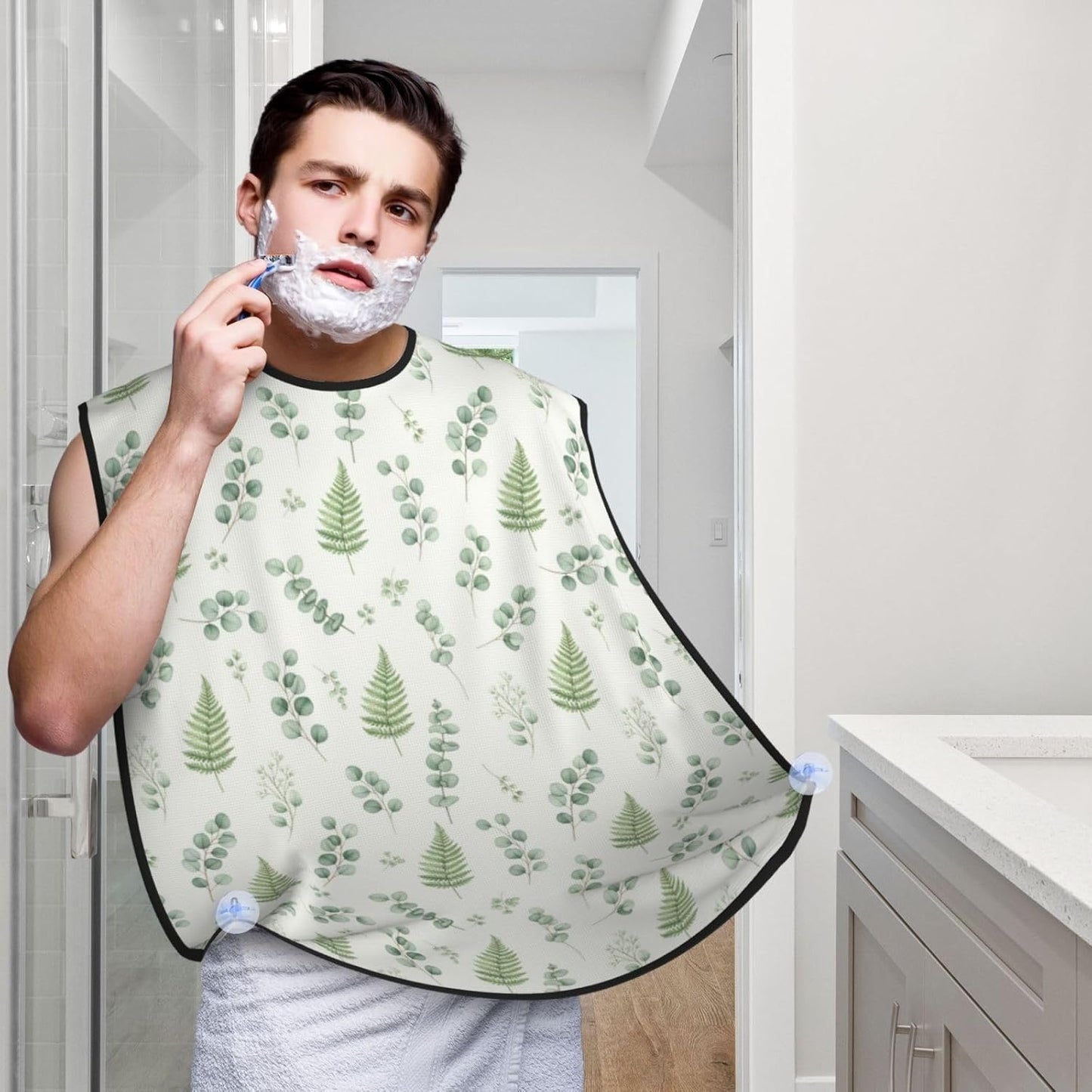 No-Slip Shaving Bib, Beard Grooming Apron with Strong Suction Cups, Watercolor Sage Green Leaf