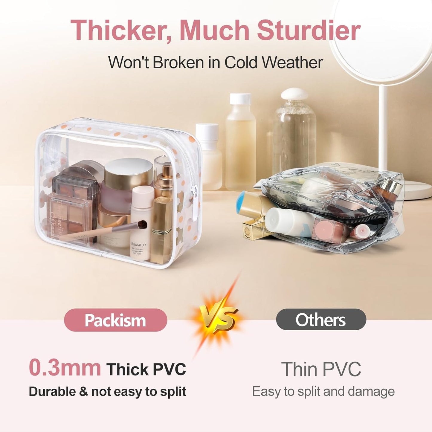 PACKISM TSA Approved Toiletry Bag - White Flower Print Clear Makeup Bag, Suitable for Gifts, with Supporting Frame, Perfect Valentines Day Gifts for Her, Thick No Smell