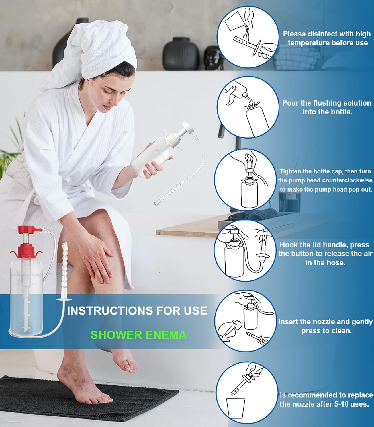 Enema Kit for Colon Cleansing Anti Back-Flow - Anal Douche with Syringe Handle and 3 Nozzle Tip - Vaginal Douche for Women/Douches for Men - 600 ml / 20.29 OZ