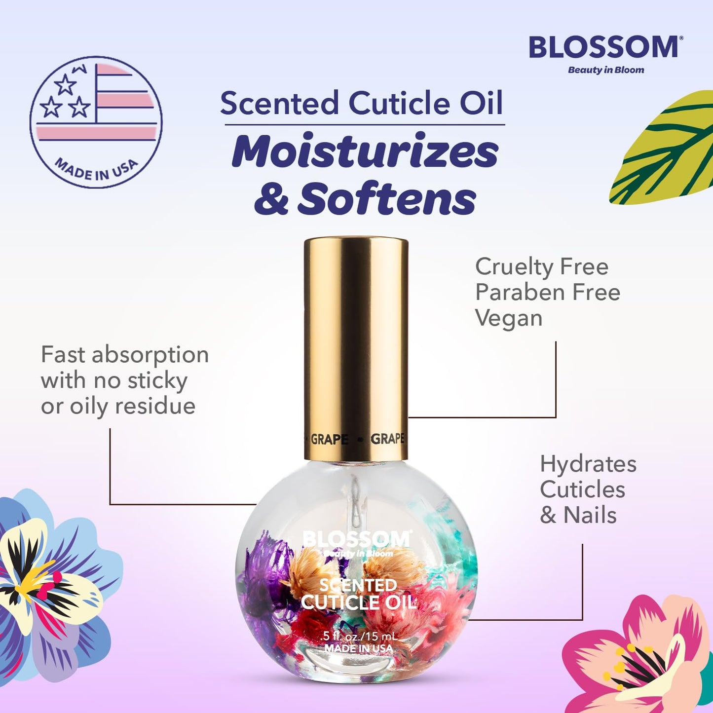 Blossom Cuticle Oil for Nails, Hydrating, Moisturizing, Scented Nail Oil Cuticle Care, Infused with Real Flowers, Made in USA, 0.5 fl. oz, Grape