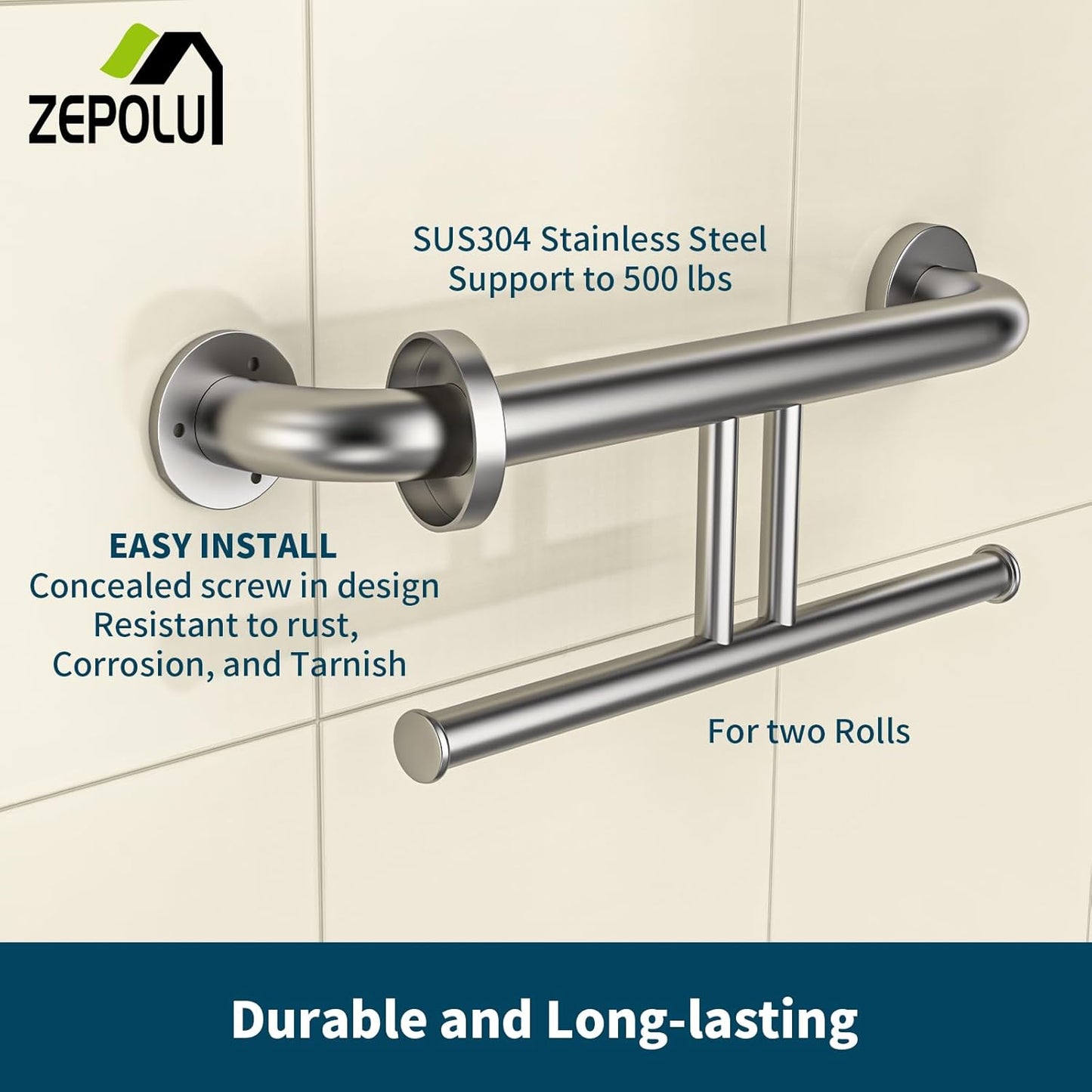 Brushed Nickel Handicap Grab Bar w/Toilet Paper Roll Holder, Zepolu 2-in-1 Safety Assist Bar Balanced Support Handle 17 Inch, Stainless Steel Wall Mounted Bathroom Toilet Grab Bar for Senior Elderly