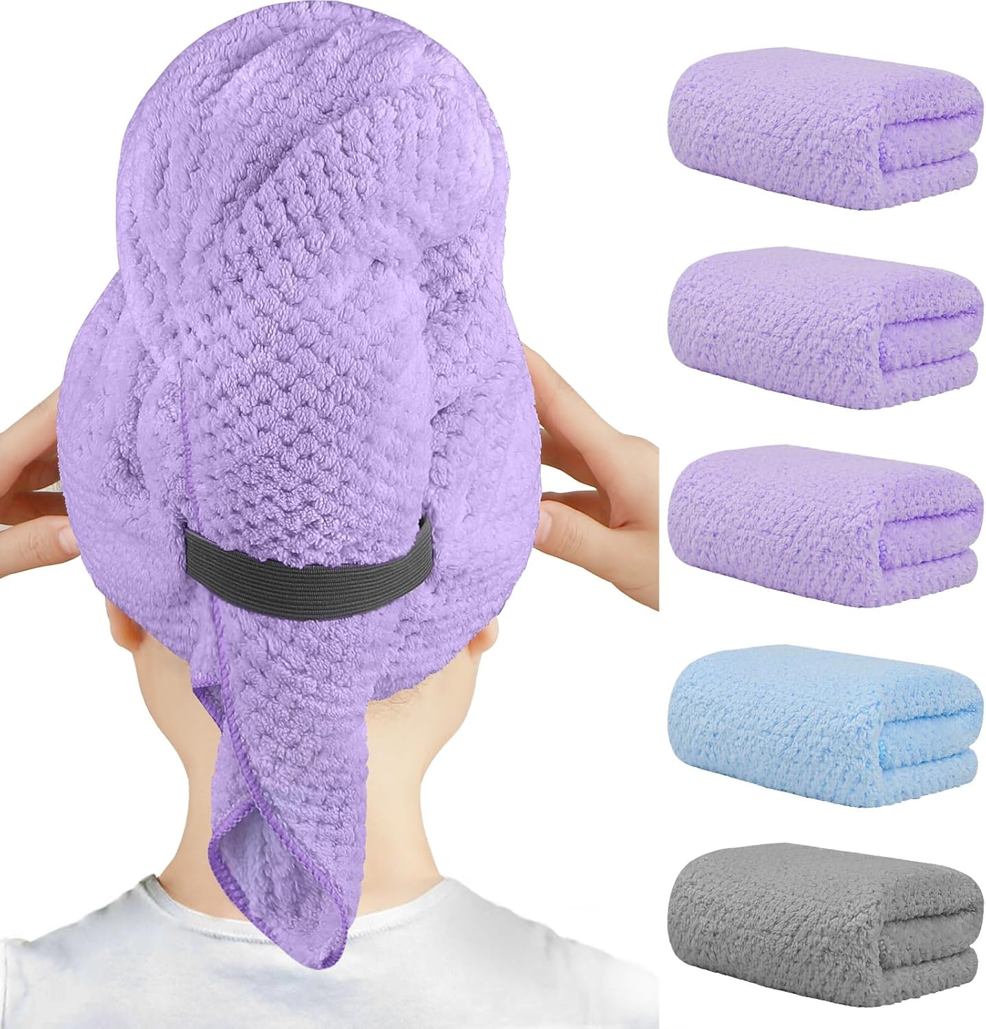 HOMEXCEL 5 Pack Microfiber Hair Towels - 40 x 20 inches Super Soft, Fast Drying Turbans for Long, Thick, Curly Hair - Anti Frizz Wrap with Elastic Strap, Purple/Blue/Grey