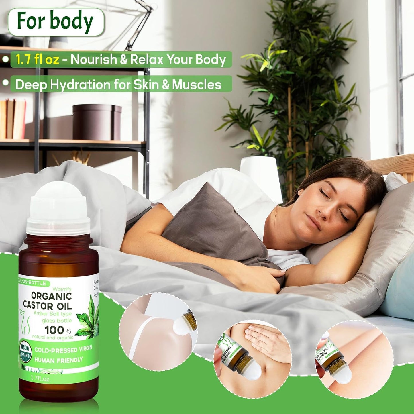 6-in-1 Castor Oil Roll on for Eye,Face,Hand,Feet,Body Skin,Certified Organic Cold Pressed Castor Oil Roller ball unrefined Glass Bottle - Total 5.58 fl.oz