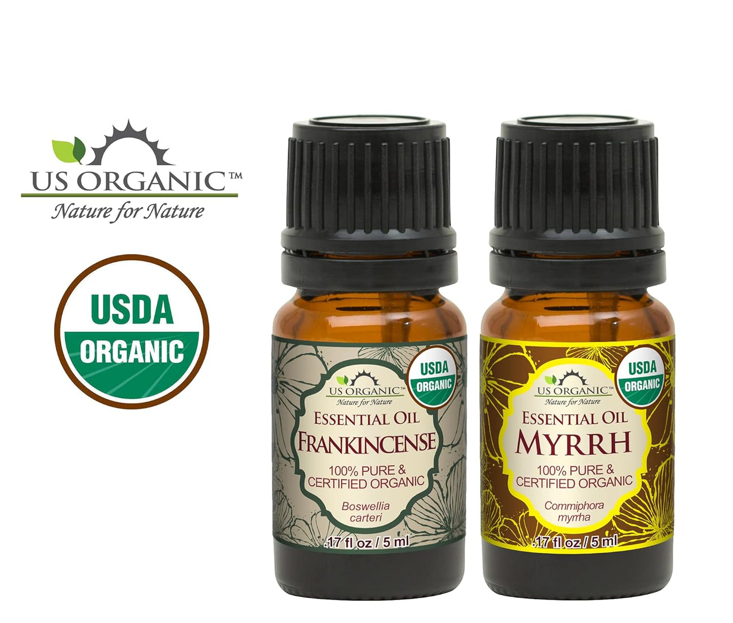 US Organic 100% Pure Myrrh, Frankincense Essential Oil Combo Pack - Directly sourced from The Horn of Africa - USDA Certified Organic - Use Topically or in Diffuser (5 ml Combo)