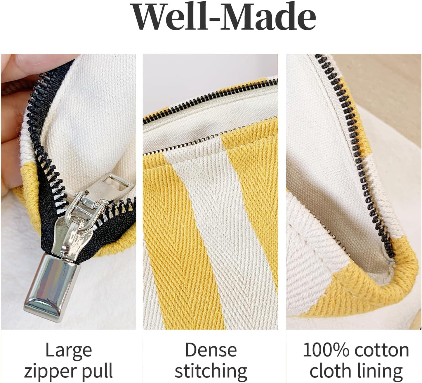 Yellow Striped Makeup Bag for Women, Canvas Cosmetic Bag, Travel Pouches for Purse(10.6" * 7.1" * 2.8"), Zipper Make Up Pouch,Perfect for Storing Makeup And Accessories, Daily Makeup Organizer Gifting