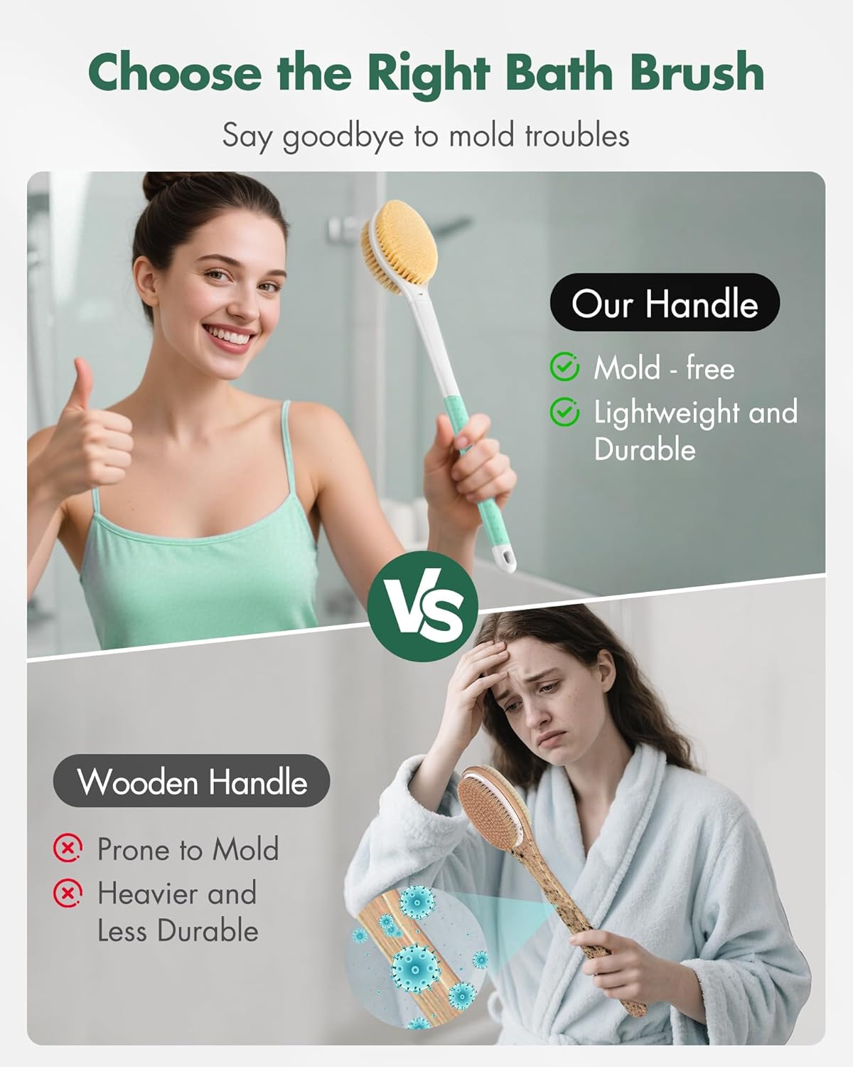 Back Scrubber Body Shower Brush: Anti Slip Long Handle Bath Brush with Stiff and Soft Bristles - Showering Exfoliator Wet or Dry Brushing for Women, Men, Elderly (Mint Green)