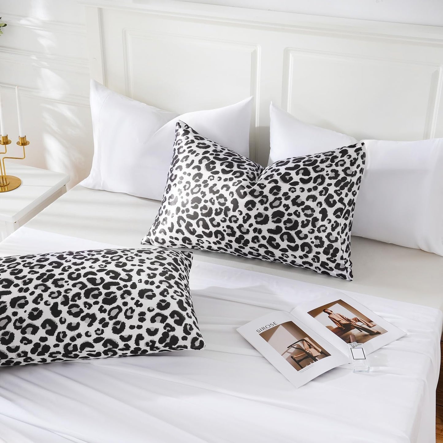 MR&HM Satin Pillowcase for Hair and Skin, Silk Satin Pillowcase 2 Pack, Standard Size Pillow Cases Set of 2, Silky Pillow Cover with Envelope Closure (20x26, White Leopard)