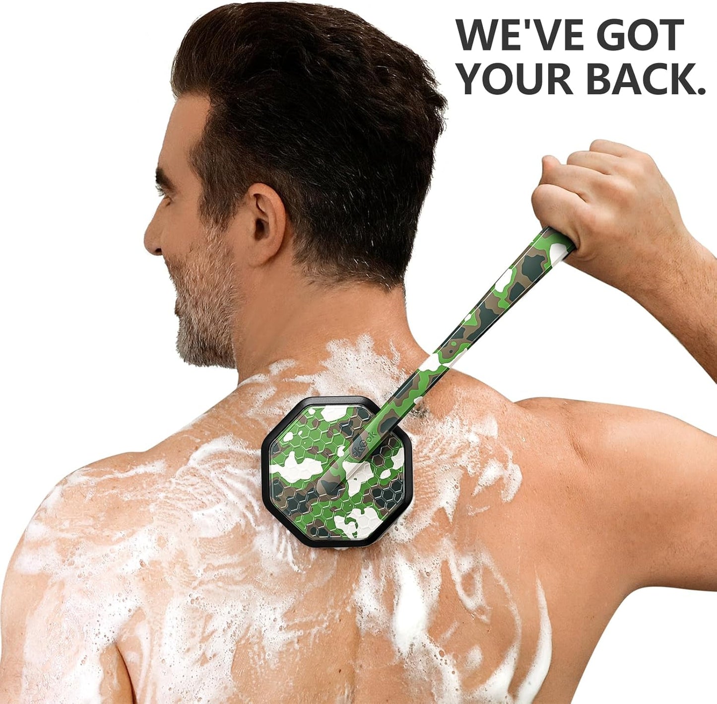 iTokGoK® Platinum Camo Green Pattern Silicone Back Scrubber with Long Handle Back Brush for Shower,Silver-Infused Back Scrubber for Men and Women (Camo Green)
