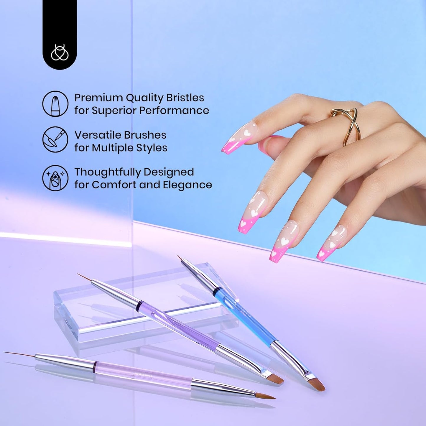 Beetles 3 Pcs Gel Nail Art Brushes Set Gel Polish Design Pen Painting Tools with Liner Brushes Petal Painting Brush and Oval Brush DIY at Home Manicure for Girls
